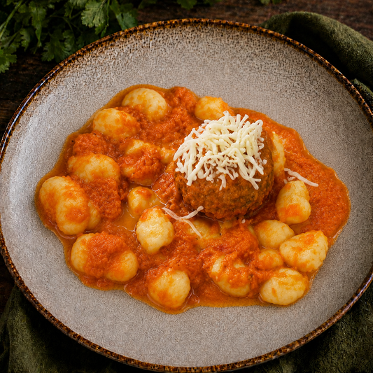 Nhoque de batata com Polpetone recheado ao molho pomodoro