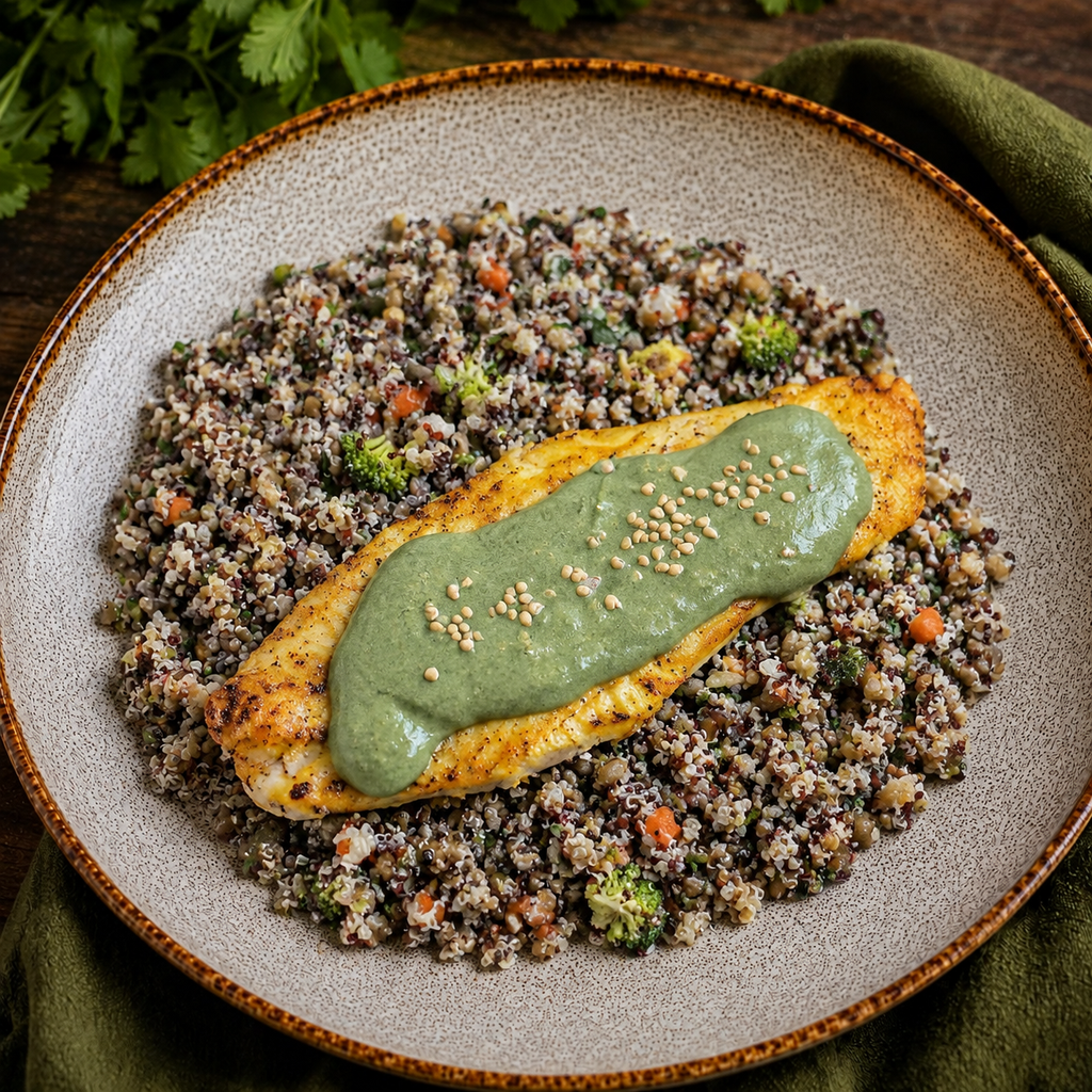 Pescada ao molho de espinafre com quinoa e legumes