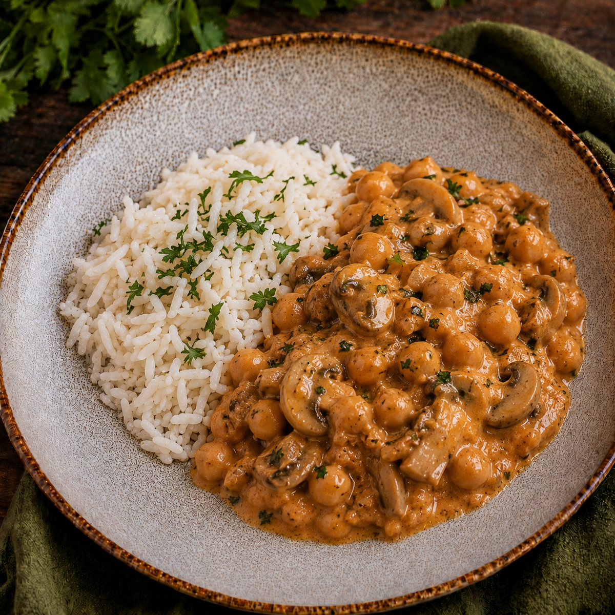 Strogonoff de grão de bico e cogumelos com arroz branco (vegan)