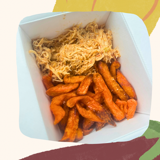 Frango desfiado com batata doce assada