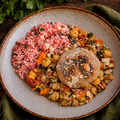 Patties de leguminosas, cuscuz de beterraba e hortelã, grão de bico aromático e dukkah de amêndoas