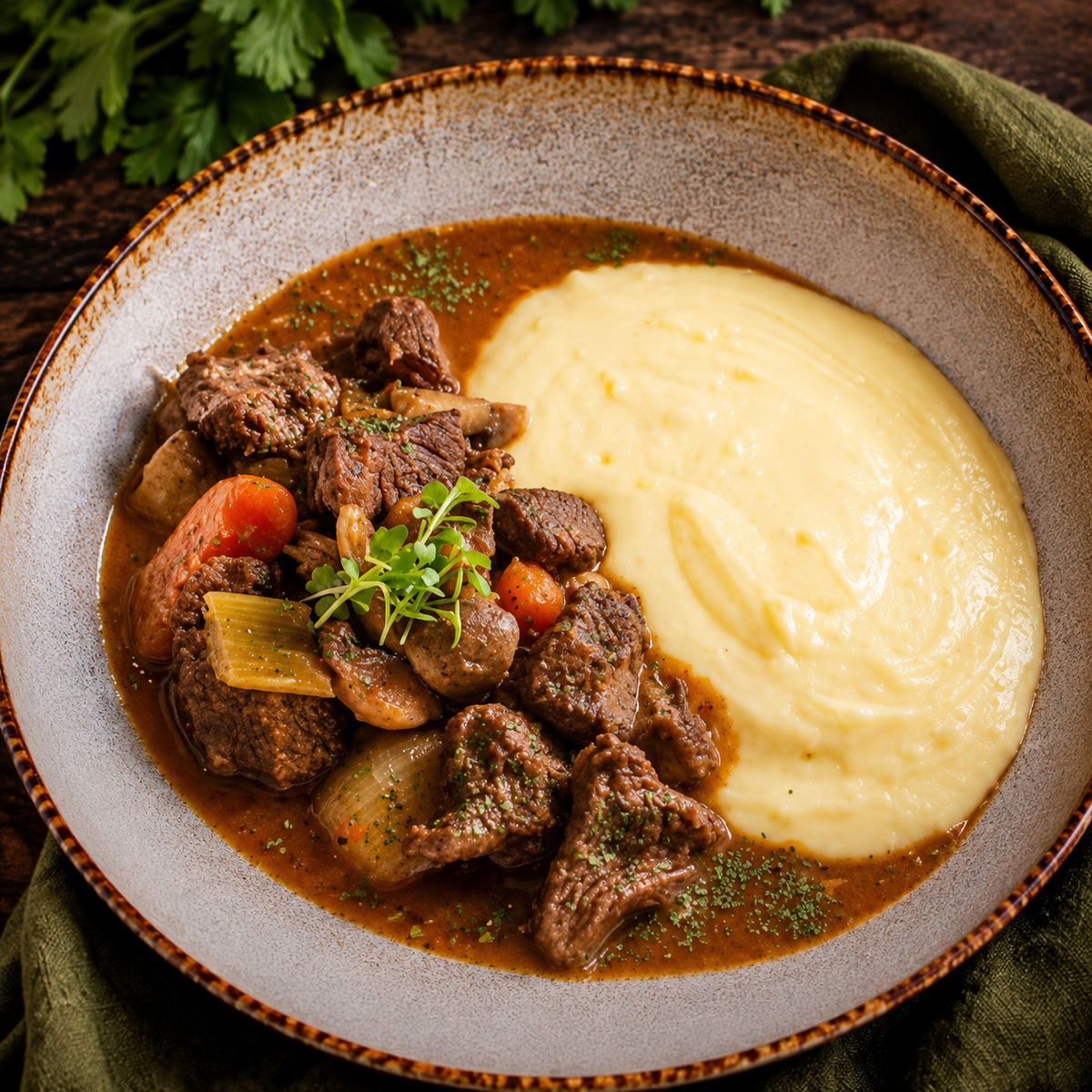 Boeuf Bourguinhon com puré de batata