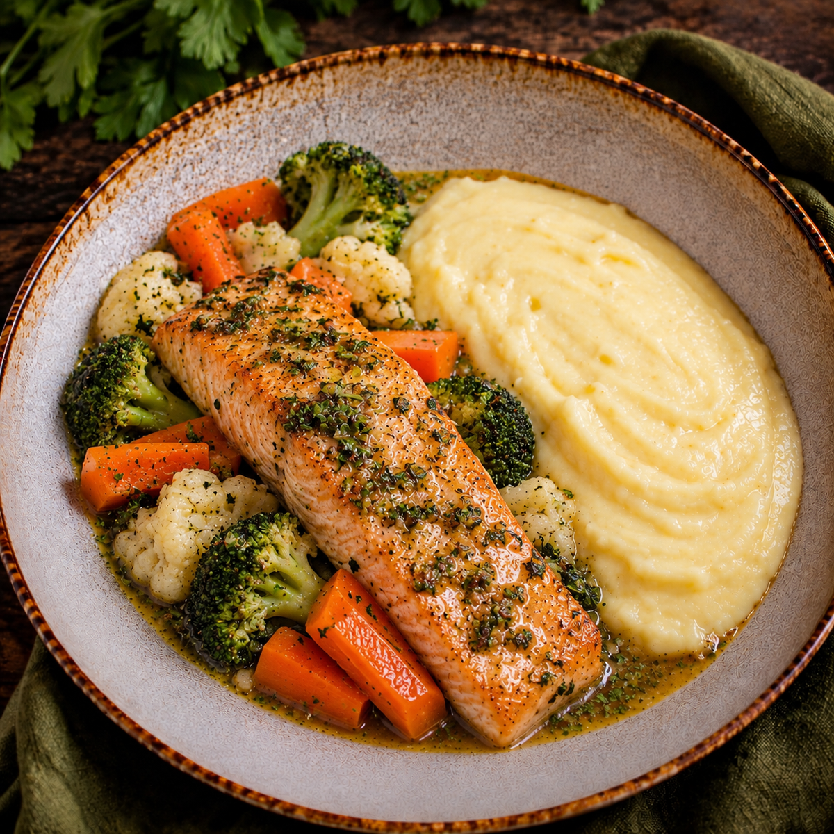 Lombo de salmão assado na manteiga de ervas, pure de batata e mix de legumes