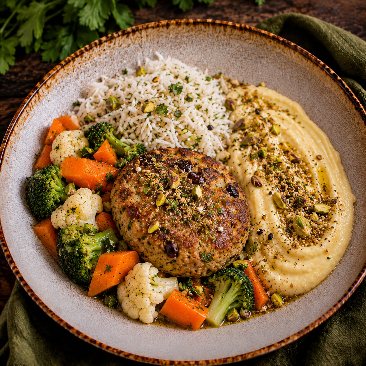 Hambúrguer de tremoço, azeitona e oregaos, Hommus,dukkah de pistachio, arroz basmati e mix de vegetais