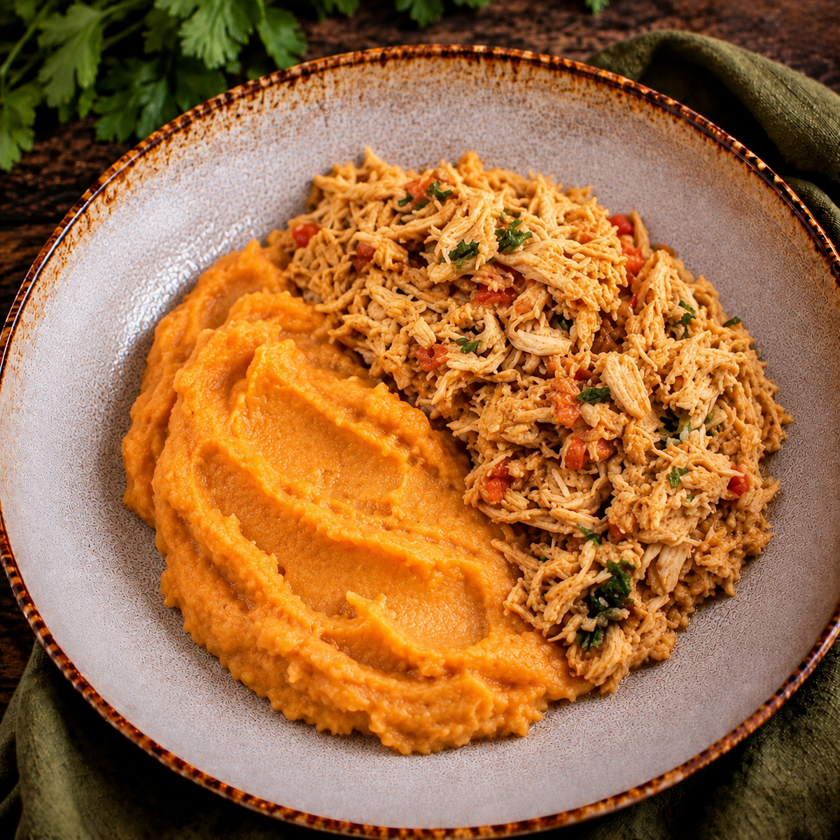 Frango desfiado com puré de batata doce