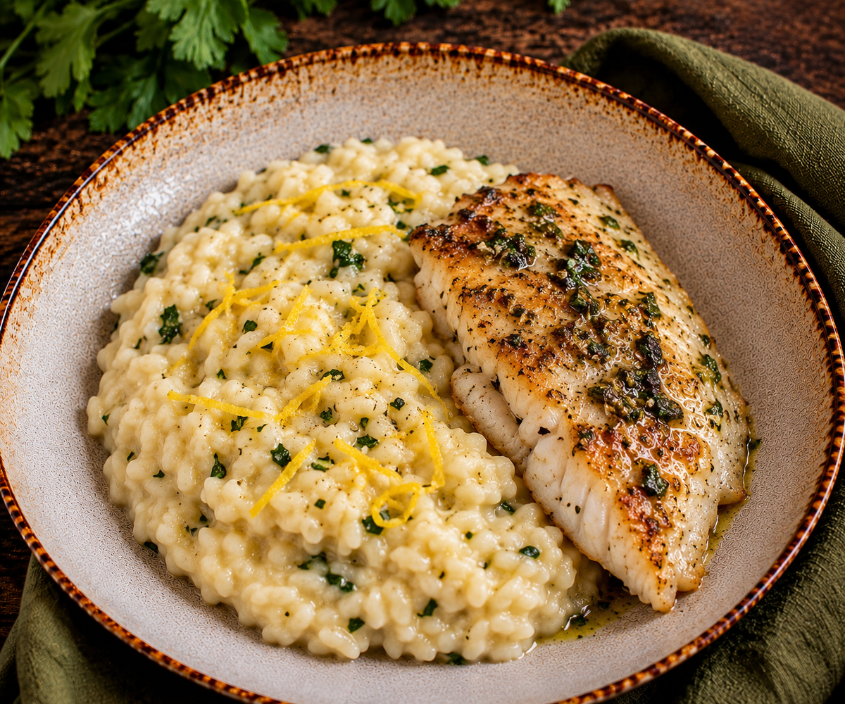 Risoto de limão da horta e parmesão com Tilapia grelhada na manteiga de ervas