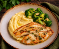Tilapia grelhada,puré de batata e brócolos ao alho