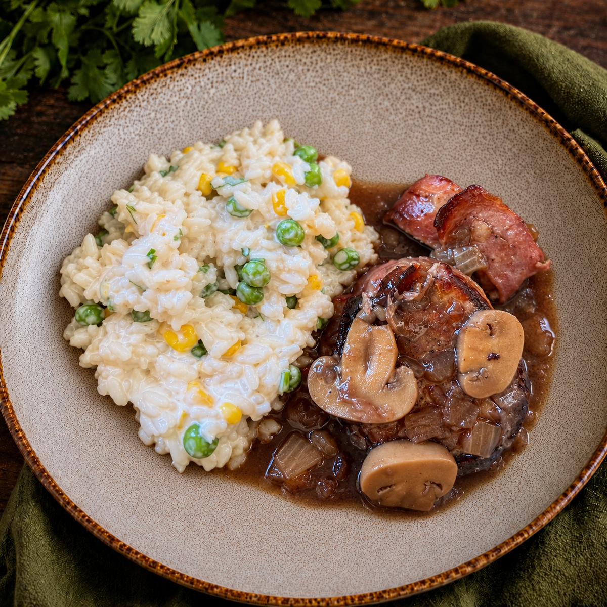 Medalhão de porco ao molho madeira com arroz à piamontese