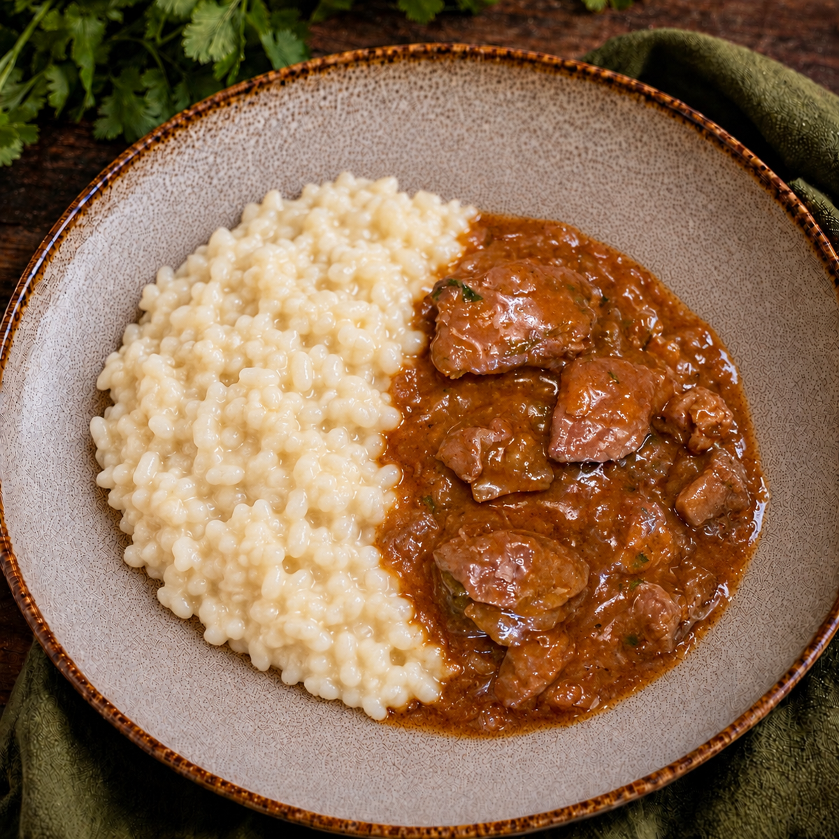 Risoto de parmesão com porco estufado ao molho roti