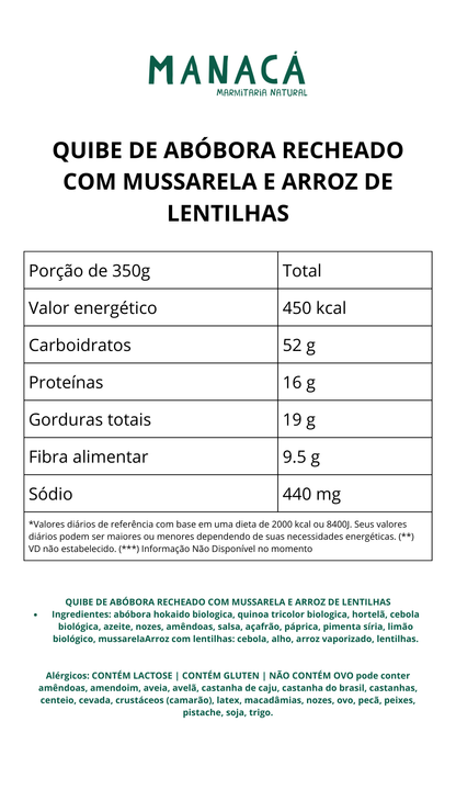 Quibe de Abóbora com quinoa recheado com frango desfiado e mussarela e arroz de lentilhas