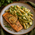Salmão assado com zoodles de curgete e massa proteica ao molho pesto(low carb)