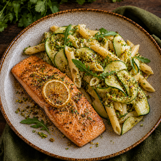 Salmão assado com limão e ervas com zoodles de curgete e massa proteica (low carb)