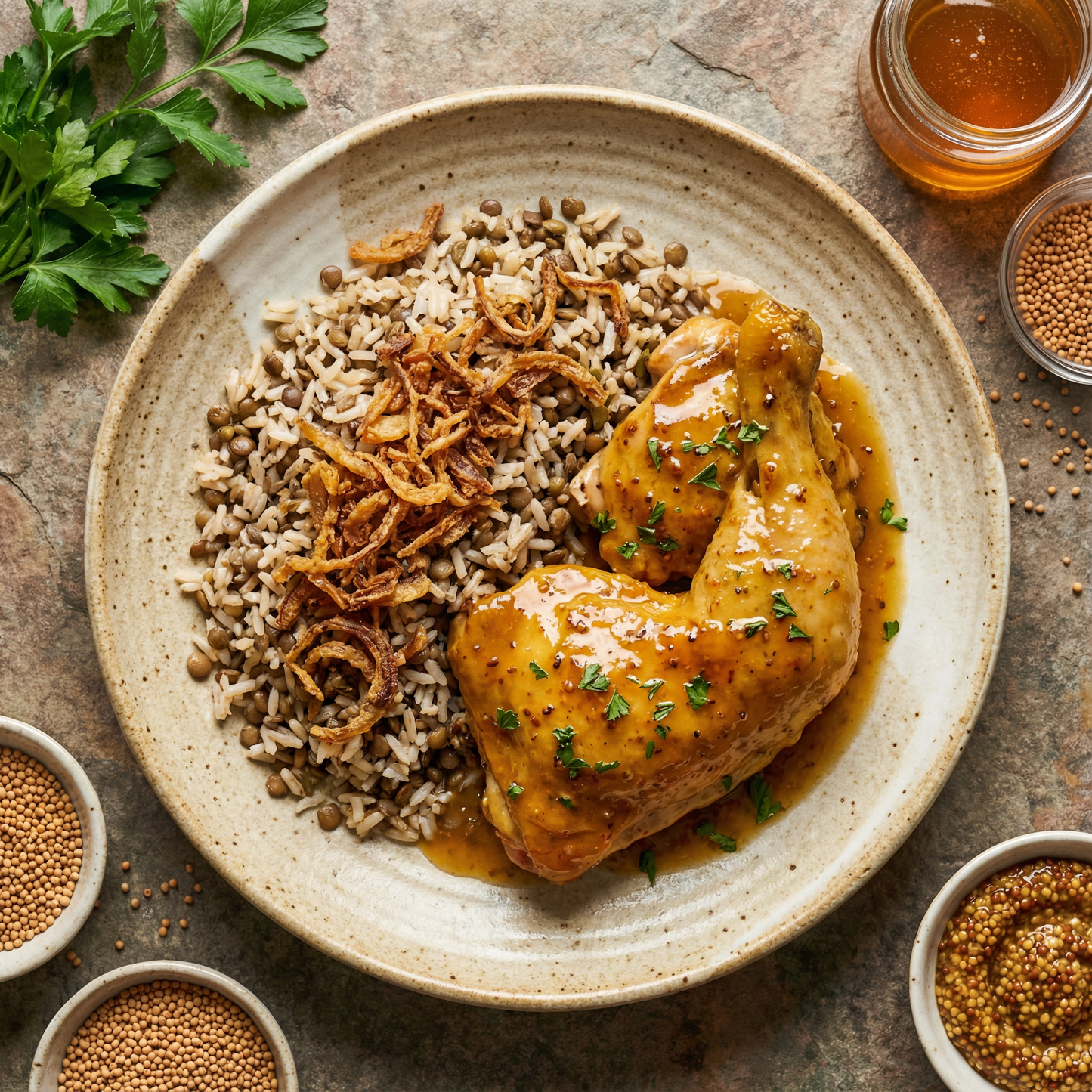 NOVO - Frango ao molho de mostarda e mel, arroz com lentilha e cebola crocante