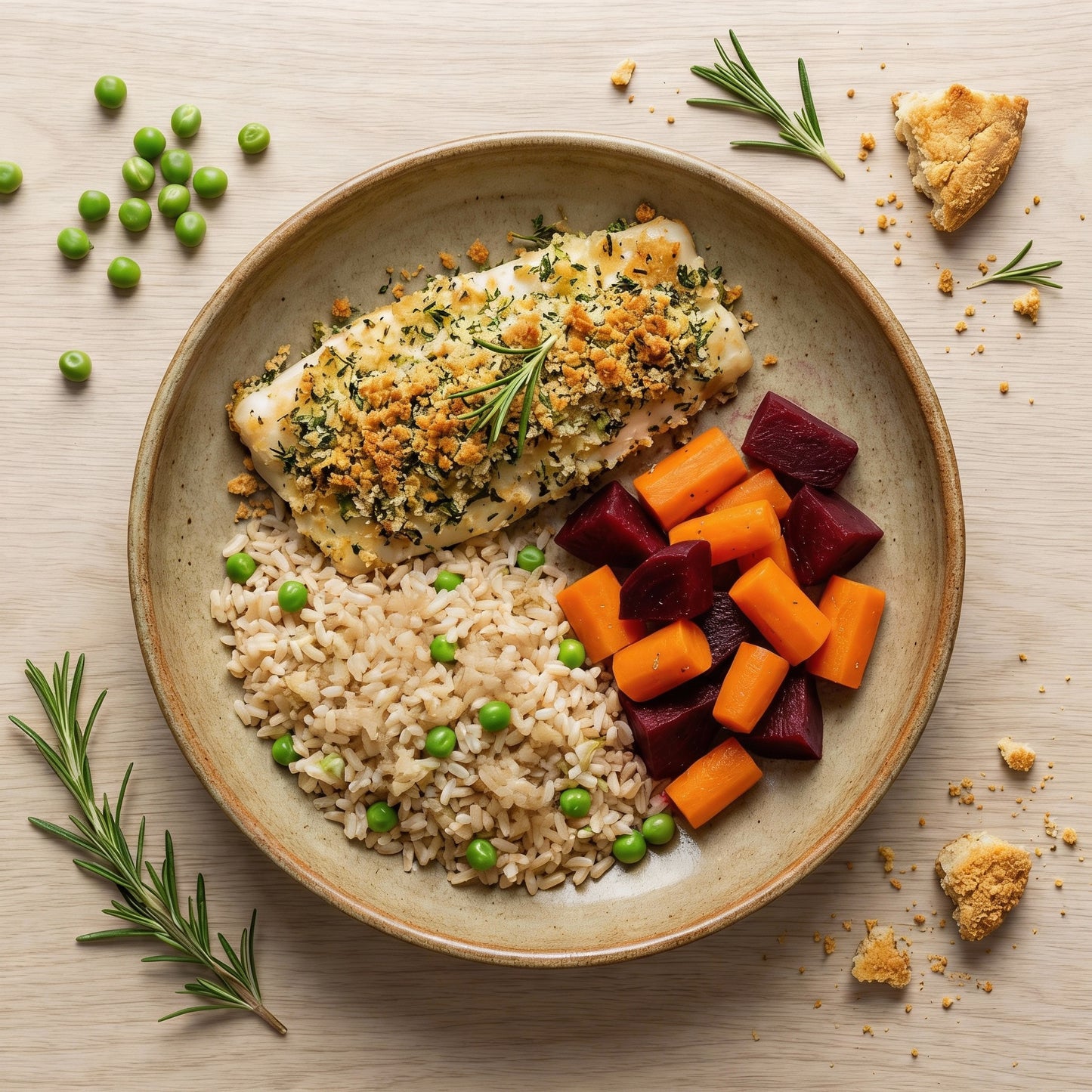 NOVO - Pescadinha em crosta de ervas, arroz integral nutritivo, cenoura e beterraba