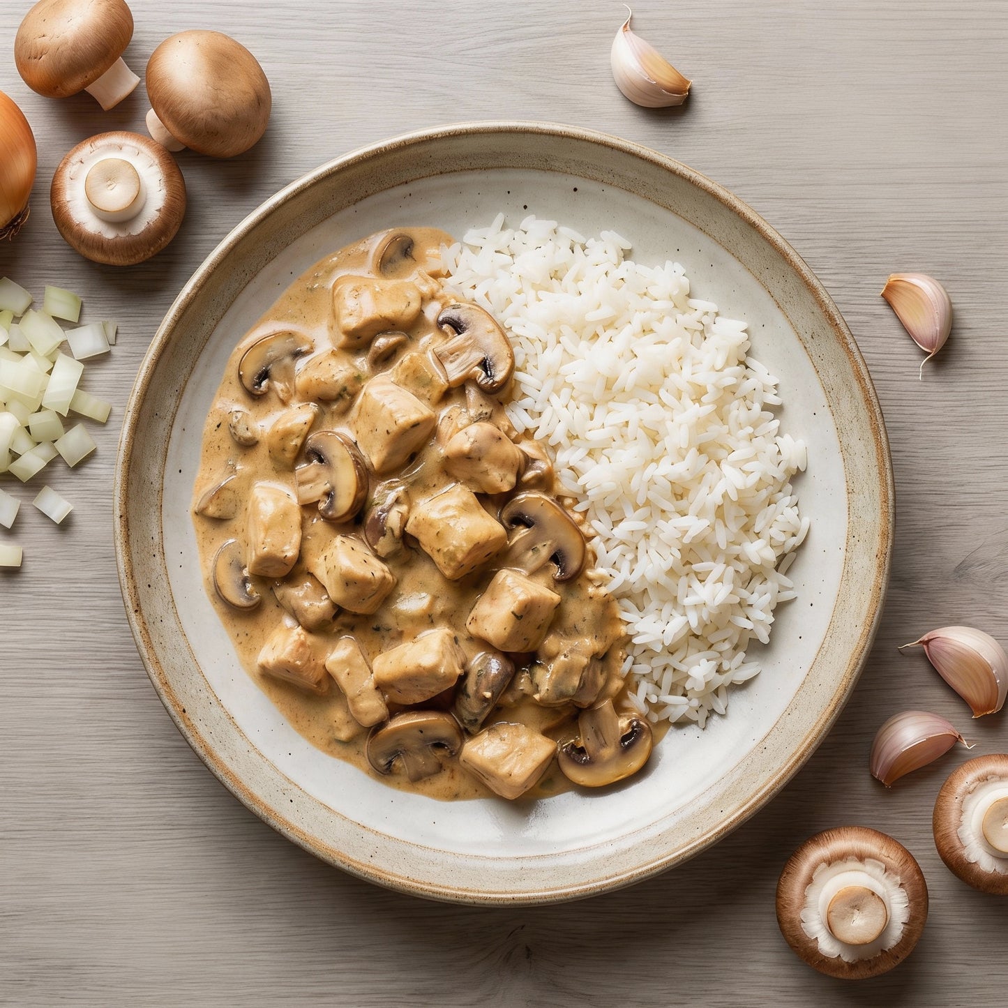 Strogonoff de frango com cogumelos frescos e arroz branco